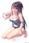  1girl aken bangs barefoot black_hair blue_shorts breasts cleavage collarbone downblouse drawstring dungeon_and_fighter eyebrows eyebrows_visible_through_hair eyelashes fan fingernails full_body heart holding_fan hot kneehighs kneeling large_breasts long_fingernails long_hair looking_at_viewer no_bra open_mouth paper_fan ponytail print_shirt pulled_by_self shiny shiny_skin shirt shirt_pull short_shorts shorts shoulder_cutout sidelocks simple_background sleeves_pushed_up solo sweat sweat_stain sweating sweating_profusely swept_bangs toenails toes tongue twitter_username uchiwa very_long_hair white_background 