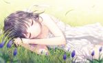  1girl black_hair blurry closed_eyes depth_of_field flower grass hair_ribbon lying on_side original ribbon saban short_hair sleeping smile solo wind 
