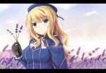  1girl aqua_eyes atago_(kantai_collection) beret black_gloves blonde_hair blush breasts commentary_request field flower flower_field frilled_sleeves frills gloves hat highres kantai_collection lavender_(flower) letterboxed long_hair long_sleeves looking_at_viewer medium_breasts military military_uniform mizunashi_kenichi smile solo uniform upper_body 