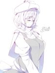  1girl blush breasts closed_eyes commentary_request dated hat highres juliet_sleeves kokka_han large_breasts letty_whiterock long_sleeves mob_cap monochrome puffy_sleeves short_hair smile solo touhou upper_body v_arms 