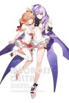  2girls ahoge arm_ribbon bare_shoulders bikini bikini_skirt black_ribbon blonde_hair breasts character_name copyright_name drill_hair freyja_wion frills green_eyes hair_ornament hair_ribbon heart high_heels lavender_hair long_hair looking_at_viewer macross macross_delta mikumo_guynemer multicolored_hair multiple_girls navel open_mouth orange_hair purple_hair red_eyes red_ribbon ribbon short_hair smile starshadowmagician stomach swimsuit 