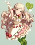  1girl arm_up big_hair birthday black_ribbon blush bow breasts closed_mouth cream dated dress food food_themed_clothes food_themed_hair_ornament frills fruit gloves green_background green_legwear grey_hair hair_ornament hair_ribbon hand_in_hair handa_roko head_tilt heart idolmaster idolmaster_million_live! layered_dress long_hair looking_at_viewer low_twintails mimizubare pantyhose petticoat puff_and_slash_sleeves puffy_short_sleeves puffy_sleeves red_bow ribbon short_dress short_sleeves simple_background small_breasts smile solo standing strawberry twintails very_long_hair wavy_hair white_dress white_gloves yellow_eyes 