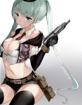  1girl 2015 2016 bag bangs belt_buckle belt_pouch black_legwear black_necktie black_shorts breasts buckle cleavage closed_mouth cowboy_shot crop_top cropped_jacket dated detached_collar eyebrows eyebrows_visible_through_hair finger_on_trigger girls_frontline gradient gradient_background grey_background gun highres large_breasts long_hair looking_at_viewer micro_uzi midriff navel necktie ookamisama short_shorts short_sleeves shorts sitting smile solo stomach thigh-highs twintails very_long_hair weapon wrist_cuffs 
