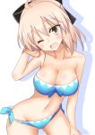  1girl bandeau bikini blonde_hair body_blush breasts cleavage fate/grand_order fate/stay_night fate_(series) grey_eyes highres koha-ace large_breasts looking_at_viewer mito_yoshihiro navel one_eye_closed open_mouth sakura_saber short_hair side-tie_bikini solo swimsuit 
