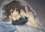  1girl babydoll bare_shoulders bed blanket blush breasts brown_eyes brown_hair cleavage girls_und_panzer highres hoshimiya_nazuna indoors lying nishizumi_maho on_side pillow ribbon-trimmed_underwear ribbon_trim short_hair smile solo under_covers underwear 