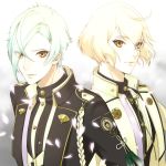  2boys blonde_hair green_hair hair_over_one_eye higekiri_(touken_ranbu) hizamaru_(touken_ranbu) male_focus multiple_boys touken_ranbu yellow_eyes yuta_(kchimuuuuu) 