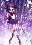  1girl argyle artist_name bishoujo_senshi_sailor_moon black_hair bob_cut boots bow choker circlet cross-laced_footwear crystal earrings elbow_gloves gloves high_heel_boots high_heels holding jewelry pleated_skirt polearm purple_background purple_boots purple_hair purple_skirt red_bow sailor_saturn short_hair silence_glaive skirt solo tinytonbo tomoe_hotaru violet_eyes walking weapon white_gloves 