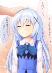  1girl blush check_translation closed_eyes eyebrows eyebrows_visible_through_hair gochuumon_wa_usagi_desu_ka? hand_on_another&#039;s_head highres kafuu_chino long_hair petting rabbit_house_uniform ribbon silver_hair solo_focus sparkle_background translation_request x_hair_ornament 