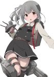  1girl belt black_legwear brown_eyes buttons cowboy_shot dress grey_hair hair_ribbon holding holding_weapon kantai_collection kasumi_(kantai_collection) koutya long_sleeves looking_at_viewer machinery open_mouth pinafore_dress remodel_(kantai_collection) ribbon school_uniform shirt side_ponytail simple_background solo teeth thigh-highs turret weapon white_background white_ribbon 