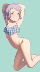  1girl aqua_background armpits arms_up bangs bare_arms bare_legs barefoot bikini blush breasts closed_mouth groin hand_on_own_arm holding_arm idolmaster idolmaster_million_live! kneeling looking_at_viewer makabe_mizuki mimizubare navel plaid pout purple_hair shade short_hair side-tie_bikini sidelocks simple_background sleeveless small_breasts solo stomach swimsuit yellow_eyes 