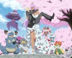  1boy 1girl banette bare_shoulders bellossom belt black_shoes blue_sky breasts carrying cherry_blossoms choker closed_eyes clouds danzilla dark_skin formal gardevoir head_wreath large_breasts long_hair lopunny mismagius nidoqueen one_eye_closed open_mouth outdoors petals pink_hair pink_sclera pokemon pokemon_(creature) princess_carry purple_hair red_eyes shoes size_difference sky tears tree veil walking white_flowers white_hair white_shoes yellow_eyes 