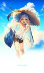  1girl 4th :d bike_shorts blue_hair clouds domino_mask dress fangs hat highres inkling looking_at_viewer mask open_mouth pointy_ears sandals sky smile soda_can solo splatoon straw_hat sundress tentacle_hair yellow_eyes 
