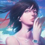  1girl artist_name bangs bare_shoulders black_hair blue_eyes cigarette clouds guweiz heart heart_necklace jewelry lips mouth necklace nose original outdoors short_hair sky smoke smoking solo watch watch watermark web_address 
