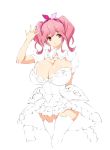  1girl blush breasts cleavage dress large_breasts macross macross_delta makina_nakajima nekomamire pink_eyes pink_hair short_hair simple_background smile solo thigh-highs white_dress white_legwear 