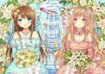  2girls bangs bare_shoulders bird blonde_hair blue_dress blue_eyes blush bouquet bow breasts brown_hair clarinet_(natsumi3230) cleavage collarbone dove dress eyebrows eyebrows_visible_through_hair flower fountain hair_bow hair_bun hair_flower hair_ornament hairclip holding long_hair looking_at_viewer madogawa multiple_girls open_mouth original petals pink_dress pink_eyes ribbon side_ponytail smile tears wedding_dress 