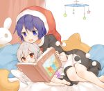  2girls bed blue_eyes blue_hair book child doremy_sweet hat holding holding_book kishin_sagume lying misha_(hoongju) multiple_girls nightcap pillow pom_pom_(clothes) reading red_eyes silver_hair touhou wings younger 