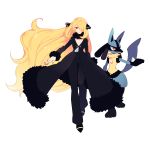  1girl blonde_hair breasts cleavage coat commentary_request formal fur_trim gum_(gmng) hair_ornament hair_over_one_eye highres long_hair lucario medium_breasts pant_suit pokemon pokemon_(creature) pokemon_(game) pokemon_dppt shirona_(pokemon) suit very_long_hair 