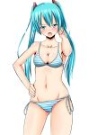  1girl baretto_(karasi07) blue_eyes blue_hair bra breasts cleavage collarbone groin hair_ornament hand_in_hair hand_on_hip hatsune_miku highres long_hair looking_at_viewer open_mouth panties side-tie_panties simple_background solo striped striped_bra striped_panties twintails underwear underwear_only vocaloid white_background 