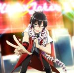  1boy ;) black_hair bracelet flower flower_necklace foreshortening glasses green_eyes holding_microphone idolmaster idolmaster_side-m indoors iseya_shiki jewelry looking_at_viewer male_focus microphone necklace necktie neon_lights official_art one_eye_closed open_mouth pink-framed_eyewear smile solo standing v 
