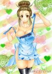  1girl apron artist_name bare_shoulders black_legwear blush breasts brown_eyes brown_hair cleavage hair_bun large_breasts marker_(medium) mother_bw2_(pokemon) musical_note naked_apron open_mouth pokemon solo takecha thigh-highs traditional_media 