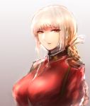  1girl bangs blonde_hair braid breasts epaulettes fate/grand_order fate_(series) florence_nightingale_(fate/grand_order) gradient gradient_background high_collar hometa jacket large_breasts long_hair looking_at_viewer military military_uniform parted_lips red_eyes red_jacket sidelocks sketch smile uniform upper_body 