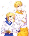  1boy 1girl ahoge blonde_hair blush braid chef double-breasted excalibur fate/stay_night fate_(series) gilgamesh green_eyes hand_on_hip height_difference looking_at_another ninee open_mouth red_eyes saber sandwich short_hair sleeve_tug sweatdrop 