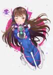  1girl aiming_at_viewer bodysuit breasts brown_eyes brown_hair d.va_(overwatch) dangmill facial_mark full_body gloves headphones long_hair looking_at_viewer one_eye_closed overwatch pilot_suit solo whisker_markings 