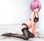  arm_support black_bra black_legwear black_panties bra breasts cleavage fate/grand_order fate_(series) full_body highres lace lace-trimmed_bra lace-trimmed_panties lace-trimmed_thighhighs looking_at_viewer panties purple_hair shielder_(fate/grand_order) short_hair thighhighs underwear violet_eyes white_background wrinkles yin_man_tong_xing 