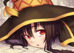  1girl :o artist_name bangs black_hair close-up colored_eyelashes dr.beeeee eyelashes face hair_between_eyes hat kono_subarashii_sekai_ni_shukufuku_wo! looking_at_viewer megumin on_ground parted_lips pavement red_eyes short_hair solo tassel witch_hat 