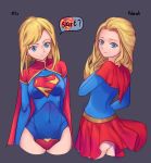  1girl ? absurdres ass back bangs blonde_hair blue_eyes breasts cape capelet closed_mouth comparison covered_navel cropped_legs dc_comics english grey_background hair_slicked_back highres large_breasts leotard long_hair looking_at_viewer multiple_views overskirt red_cape red_skirt short_hair simple_background skirt skirt_lift smile speech_bubble supergirl swept_bangs thighs tsuki_suigetsu turnaround 