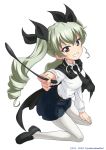  1girl anchovy artist_name bangs belt black_shoes black_skirt cape copyright dated dress_shirt drill_hair foreshortening from_side full_body girls_und_panzer green_hair grin hair_ribbon hand_on_own_thigh highres holding kneeling loafers long_hair long_sleeves looking_at_viewer miniskirt necktie neki_(wakiko) pantyhose pleated_skirt red_eyes ribbon riding_crop school_uniform shirt shoes skirt smile solo twin_drills twintails twitter_username white_background white_legwear white_shirt 