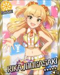  1girl alternate_costume artist_request beads belt blonde_hair bracelet card_(medium) character_name fangs green_eyes hair_beads hair_ornament idolmaster idolmaster_cinderella_girls jewelry jougasaki_rika long_hair midriff official_art sun_(symbol) thigh-highs twintails two_side_up white_legwear 