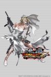  1girl alternate_costume bare_shoulders blonde_hair blue_eyes breasts bridal_veil cleavage copyright_name dress dual_wielding earrings elbow_gloves full_body gloves gun high_heels holster jewelry junny katana nina_williams official_art side_slit solo submachine_gun sword tekken tekken_7 thigh_holster veil weapon wedding_dress white_dress white_gloves 