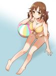  1girl ball beachball bikini bracelet breasts brown_eyes brown_hair cleavage earrings hair_ornament heart heart_necklace highres idolmaster idolmaster_cinderella_girls jewelry large_breasts sitting smile solo sweat swimsuit totoki_airi twintails wm_(chawoo1357) yellow_bikini 