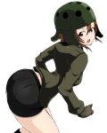  1girl ass black_boots black_eyes black_gloves black_shorts boots brown_hair brown_jacket cowboy_shot extra from_side girls_und_panzer gloves hanzawa821 helmet highres long_sleeves looking_back military military_uniform open_mouth short_hair short_shorts shorts solo standing uniform white_background 