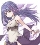  1girl big_wednesday black_skirt bracelet breasts character_name cleavage cowboy_shot flower_knight_girl green_eyes hair_ribbon jewelry lavender_(flower_knight_girl) long_hair looking_at_viewer pink_ribbon purple_hair ribbon skirt smile solo tress_ribbon 