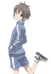  1girl brown_eyes brown_hair commentary_request gym_shorts hands_in_pockets highres jacket leg_up looking_at_viewer original shoes short_hair shorts sneakers track_jacket track_suit white_background yamamoto_souichirou 