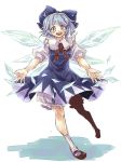  1girl blue_eyes blue_hair bow cirno full_body hair_bow ice ice_wings namuko open_hands open_mouth short_hair solo touhou wings 