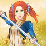  1girl artist_name eleanor_(tales) fingerless_gloves gloves green_eyes long_hair mzroas open_mouth orange_hair polearm solo spear tales_of_(series) tales_of_berseria twintails weapon 