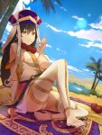  1girl barefoot beach breasts brown_eyes brown_hair cleavage fate/grand_order fate_(series) feet highres hsin large_breasts long_hair looking_at_viewer palm_tree smile solo tree under_boob xuanzang_(fate/grand_order) 