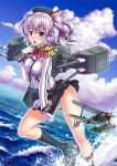  1girl :o aircraft airplane ankle_boots beret black_hat black_legwear black_skirt blue_eyes blue_panties blue_sky blush boots bow bowtie breasts cannon clouds condensation_trail crying crying_with_eyes_open day epaulettes finger_to_mouth gloves grey_boots hat hat_bow horizon kantai_collection kashima_(kantai_collection) kneehighs large_breasts looking_at_viewer machinery military military_uniform number10_(hagakure) ocean panties pleated_skirt red_bow red_bowtie running short_twintails silver_hair skirt skirt_tug sky solo splashing tears turret twintails underwear uniform upskirt water wavy_hair white_gloves 