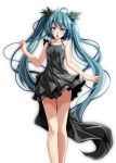  1girl ahoge black_dress blue_eyes blue_hair collarbone dress eyebrows_visible_through_hair floating_hair hair_between_eyes hair_ornament hatsune_miku highres layered_dress long_hair looking_at_viewer open_mouth shinkai_shoujo_(vocaloid) shiny shiny_hair short_dress simple_background sleeveless sleeveless_dress solo standing tsukishiro_saika twintails very_long_hair vocaloid white_background 