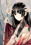  1girl absurdres black_eyes black_hair comb disembodied_limb floral_background floral_print gradient gradient_background highres houraisan_kaguya japanese_clothes long_hair long_sleeves looking_at_viewer obi sash sign_(jojo1408) smile solo_focus touhou very_long_hair wide_sleeves 