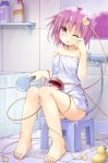  1girl akirame bare_arms bare_legs barefoot bath bathroom bathtub breasts bubble eyes_visible_through_hair full_body highres komeiji_satori looking_at_viewer mirror naked_towel one_eye_closed open_mouth pink_eyes pink_hair rubber_duck sitting small_breasts soap soap_bubbles thighs tile_floor tile_wall tiles touhou towel wet 