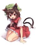  1girl animal_ears blush brown_hair cat_ears cat_tail chen dress fang full_body hat jewelry kneeling looking_at_viewer mob_cap multiple_tails open_mouth red_eyes short_hair short_sleeves simple_background single_earring solo tail touhou white_background zeikomi 
