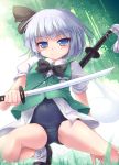  1girl blue_eyes blush hairband highres konpaku_youmu konpaku_youmu_(ghost) legs lzh mary_janes no_pants ribbon school_swimsuit sheath sheathed shirt shoes short_hair silver_hair socks spread_legs squatting swimsuit swimsuit_under_clothes sword touhou vest weapon 