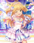  1girl artist_request blonde_hair fangs frilled_gloves frills gloves green_eyes hair_ornament idolmaster idolmaster_cinderella_girls jougasaki_rika long_hair microphone official_art one_eye_closed sparkle star_hair_ornament tiara twintails two_side_up v v_over_eye 