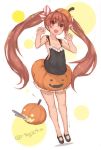  1girl armpits bangs bare_arms bare_legs bare_shoulders black_ribbon black_shoes blush bow brown_eyes brown_hair eyebrows eyebrows_visible_through_hair flat_chest full_body goekawa hair_bow halloween halloween_costume jack-o&#039;-lantern kantai_collection libeccio_(kantai_collection) long_hair looking_at_viewer mary_janes multicolored_background open_mouth paw_pose pumpkin_hat pumpkin_pants ribbon shoes sidelocks sleeveless solo standing twintails twitter_username two-tone_background very_long_hair 