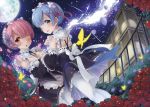  1girl blue_eyes blue_hair hair_over_one_eye highres hyouta_(yoneya) looking_at_viewer maid maid_headdress panties panties_under_pantyhose pantyhose pink_hair ram_(re:zero) re:zero_kara_hajimeru_isekai_seikatsu red_eyes rem_(re:zero) short_hair siblings sisters striped striped_panties thighband_pantyhose twins underwear white_legwear 