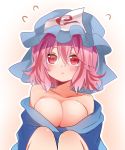 1girl :&lt; bare_shoulders blue_kimono blush breasts cleavage collarbone commentary_request hat japanese_clothes kasuura_(cacula) knees_up looking_up medium_breasts mob_cap no_bra off_shoulder pink_eyes pink_hair saigyouji_yuyuko short_hair solo touhou triangular_headpiece upper_body 